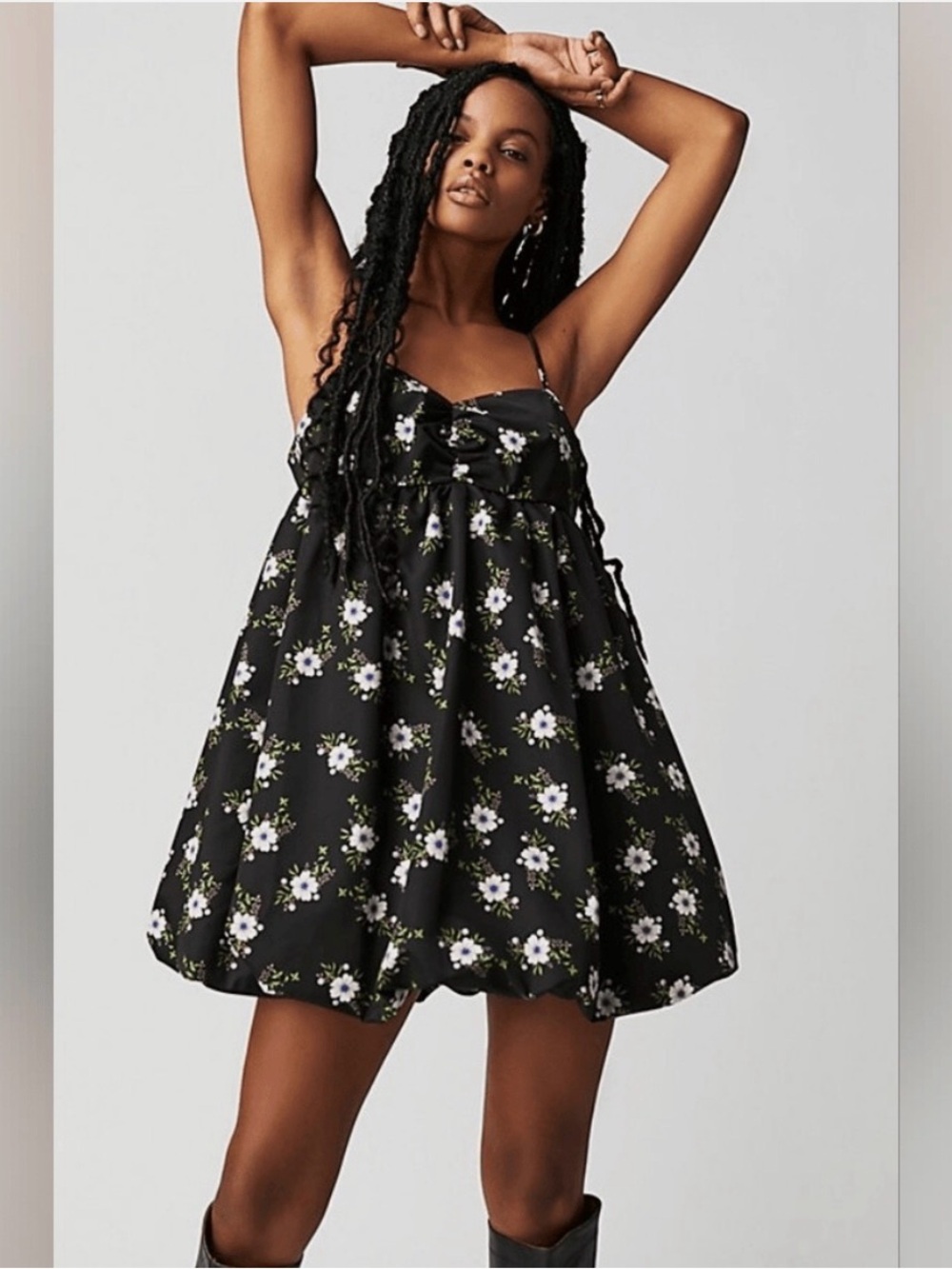 Free People Black Floral Babydoll bubble Mini Dress